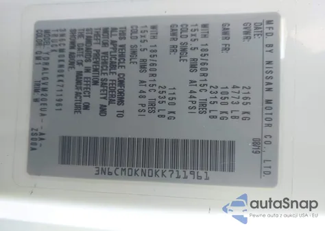 2019 Nissan Nv200 Sv z USA, uszkodzony, nr VIN 3N6CM0KN0KK711961